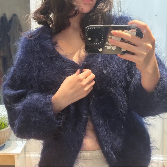 Elegant Navy Fuzzy Cardigan - Picture 2 of 2